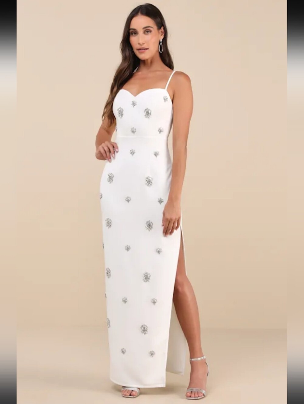 Lulu's Completely Regal White Rhinestone Sleeveless Column Maxi Dress